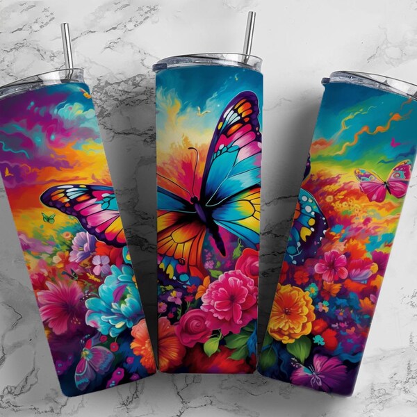 Stunning Butterfly and Flowers, 20 OZ Travel Mug, Tumbler, Matching Car Coasters, Pretty Gift For Her, Personalize, Custom, Stainless Steel
