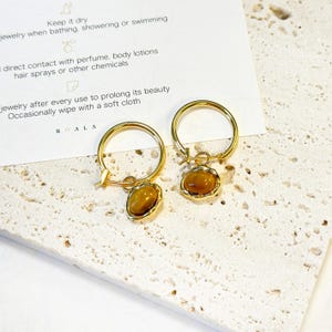 Gold Hoop Tiger Eye Stone Drop Earrings • Refined Design • Sensitive Ears • Gift for Her