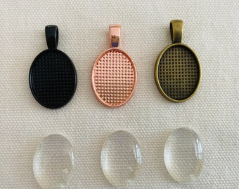 New 10 Sets Oval Bezel Trays & 10 Oval Glass Cabochons Approx. 20mm Rose Gold Black Brass