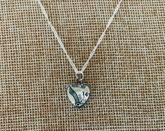 Vintage NYC Subway Map 12mm Heart Shaped Stainless Pendant w/Water Ripple .925 Sterling Silver Plated 20" Chain