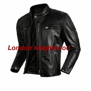 Men&#39;s Genuine Cowhide Leather Motorcycle Biker Vintage Racer Black Jacket