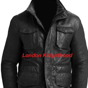 May include: Black leather jacket featuring a stand-up collar, multiple front pockets, and a zip fastening. The jacket has a classic design and the text "London Knighthood" in red.