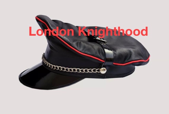 Red Trim Black Genuine Leather Biker Muir Cap With Chain and  display picture 2