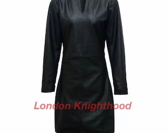 Black Genuine Real Leather Ladies Women Party Casual Long Sleeve Dress
