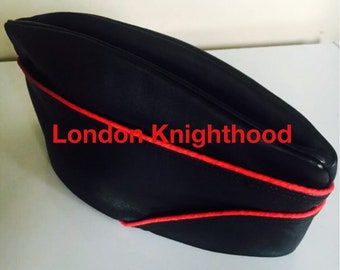 Genuine Leather Black Red Trim Adult Gay Army Soldier Side Envelope Cap Hat Bluf
