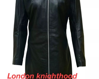 Black Genuine Real Leather Ladies Women Party Casual Long Sleeve Dress