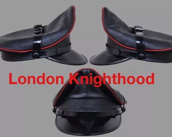 Gorra de cuero genuino negra con ribete rojo, estilo militar, estilo motero, con visera, estilo policía, estilo gay