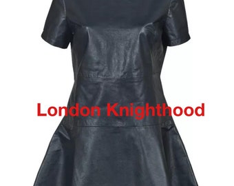 Vestido de cuero genuino negro para mujer, estilo skater, informal, ideal para fiestas.