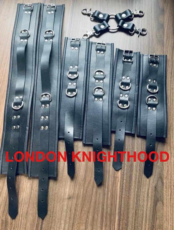 REAL LEATHER 7 PIECE PADDED CUFFS SET ADULT BONDAGE GAY INTEREST COLOR OPTIONS 