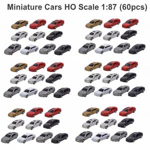 60 modellini di auto in miniatura in scala HO 1:87, assortiti, in plastica, per plastici ferroviari, diorami e creazioni di paesaggi.