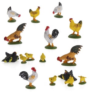 May include: A set of 12 plastic toy farm animals, including roosters, hens, and chicks. The animals are in various colours, including white, black, yellow, and red. The set is perfect for imaginative play and learning about farm animals.