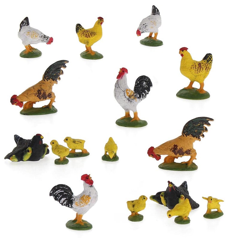 May include: A set of 12 plastic toy farm animals, including roosters, hens, and chicks. The animals are in various colours, including white, black, yellow, and red. The set is perfect for imaginative play and learning about farm animals.