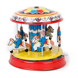 MS271 Vintage Pony Merry-Go-Round Carousel Retro Wind Up Tin Toy Collectible