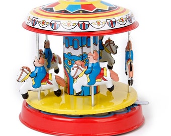 Horse Carousel ~ Carnival Style ~ Wind Up Tin Toy ~ 4 Horses & Riders 