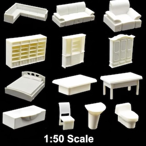 26-delars miniatyrmöbelset, skala 1:50, omålade plastmodeller
