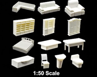 Juego de 26 piezas de muebles en miniatura, escala 1:50, modelos de plástico sin pintar.