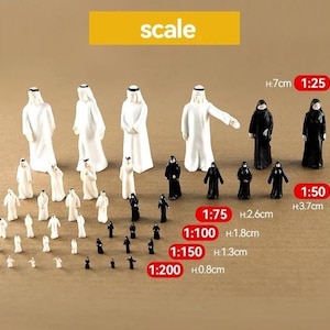 Puede incluir: Figuras en miniatura de personas con vestimenta tradicional de Oriente Medio. La colección incluye figuras con túnicas blancas y negras, con diferentes alturas y escalas, incluyendo 1:25, 1:50, 1:75, 1:100, 1:150 y 1:200.