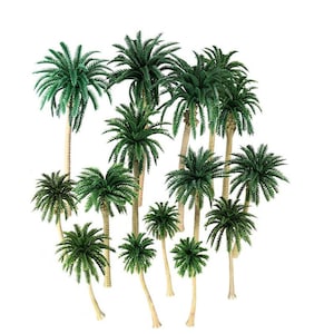 Może przedstawiać: Zestaw 13 miniaturowych zielonych palm z brązowymi pniami. Drzewa są ułożone w grupie, z najwyższym drzewem w środku. Drzewa są wykonane z tworzywa sztucznego i przeznaczone do użytku w modelarstwie kolejowym lub innych miniaturowych sceneriach.