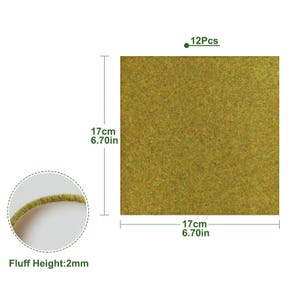 May include: A pack of 12 green grass tufts for model building. Each tuft is 6.70 inches by 6.70 inches and has a 2mm fluff height. 12Pcs.