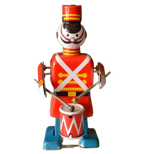 Vintage Wind Up Walking Drumming Robot Drummer Clockwork Mechanical Tin Toy 