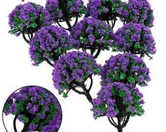 10pcs Miniature Purple Flowering Tree Models 6cm, 1:150 Scale, DIY Dollhouse Landscape