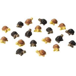 May include: A collection of 20 miniature turtle figurines in various shades of brown, black, and yellow. The turtles are arranged in a scattered pattern on a white background.