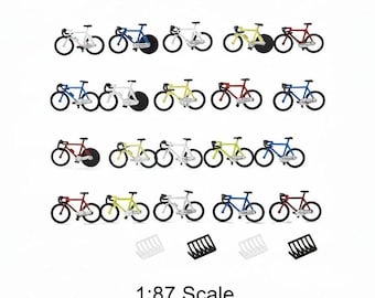 20pcs Miniature Bicycle Bikes & 4pcs Racks 1:87 Scale for Diorama Scenery, Street Scenes