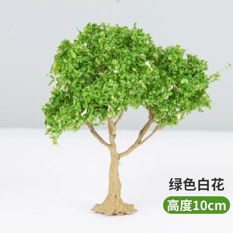 Árbol verde en miniatura con flores blancas de 10/12/15 cm, modelo de tren, accesorios ferroviarios, terrario paisajístico para jardín de hadas, diorama, suministros para manualidades