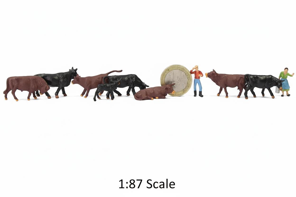 ミニチュア黒と茶色の牛の模型 1:87スケール、HOスケールの農場の動物