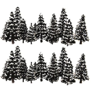 May include: Two rows of miniature snow-covered evergreen trees, perfect for model train layouts or miniature village scenes.