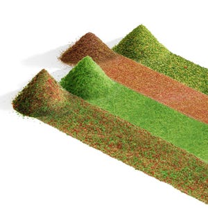 Op de afbeelding: Drie stapels verschillende gekleurde specerijen, gerangschikt in een rij van links naar rechts: rood, groen en bruin. De stapels zijn zo gerangschikt dat ze eruit zien als heuvels.
