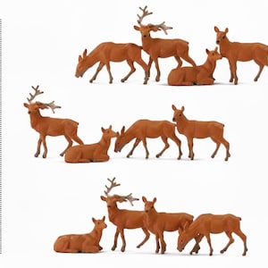 Animales de ciervo en miniatura, escala HO 1:87, escenografía ferroviaria, suministros para manualidades (12 piezas)