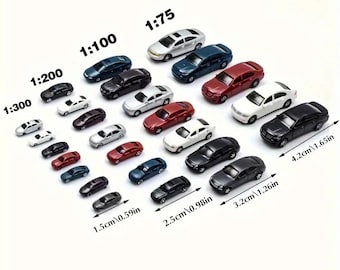 Miniature Model Cars Set, Assorted Colors, Scales 1:75-300 for Dioramas, Railway Scenes