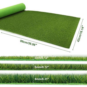 May include: A roll of green artificial grass mat measuring 38.98 inches by 16.14 inches. The image displays three cross-section views of the grass pile heights, labeled as 0.12 inches, 0.12 inches, and 0.31 inches respectively.