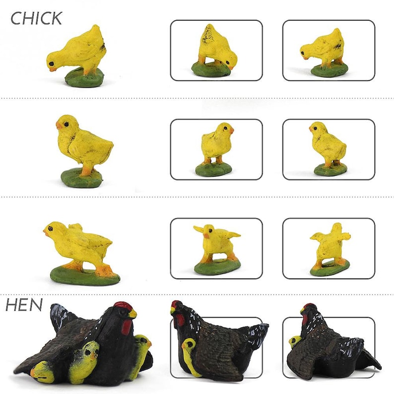 May include: A set of nine plastic toy farm animals, including chicks and hens. The chicks are yellow and the hens are black with yellow chicks. The toys are posed in various positions.