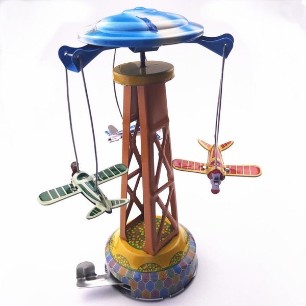 MM262 Vintage Airplanes Merry Go Round Carousel Retro Clockwork Wind Up Tin Toy Collectble