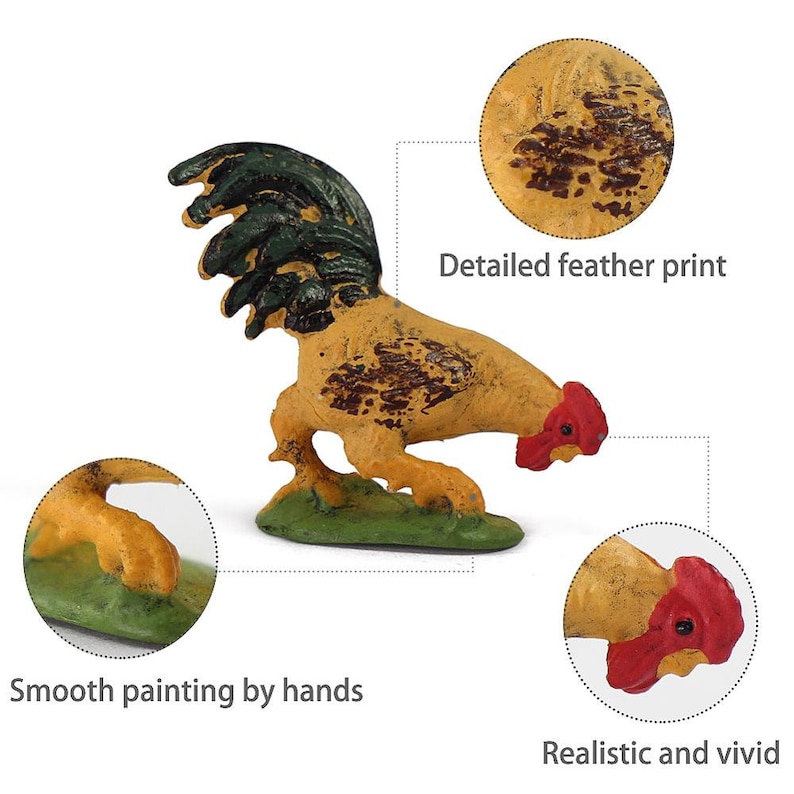 May include: A yellow and green rooster figurine with a detailed feather print. The rooster is painted with a smooth finish and has a realistic and vivid red comb.