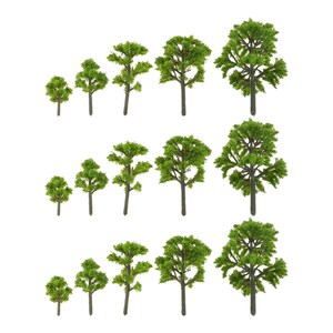 May include: Set of 15 miniature green model trees of varying sizes, perfect for model train layouts, dioramas, or miniature landscapes.