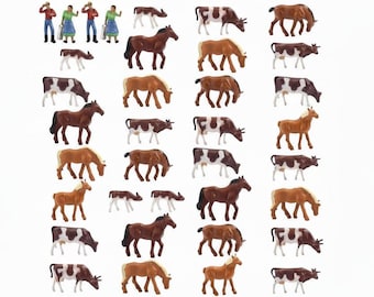 36pcs Miniature Horse & Cow Figures 1:87 HO Scale for ModelDiorama Railway Layout Scenery