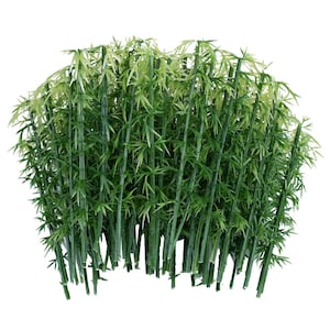May include: A bunch of artificial green bamboo stalks with green leaves.