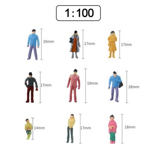May include: Set of 8 miniature plastic figures in various colors and poses, ranging in size from 14mm to 19mm. The figures are labeled with their measurements in millimeters. The figures are suitable for model railroading or other miniature projects.