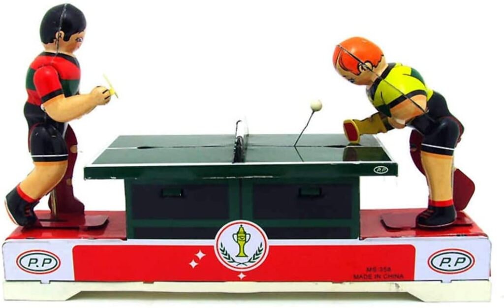 MS358 Ping Pong Table Tennis Retro Clockwork Wind Up Tin Toy w/Box 