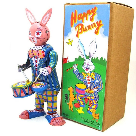 MS298 Happy Bunny Rabbit Drummer Retro Clockwork Wind Up Tin Toy 