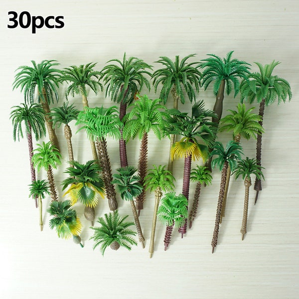Conjunto de 30 miniaturas variadas de palmeiras de coco de plástico para dioramas e artesanato.