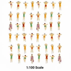 May include: Miniature figurines of people in swimwear, in various poses, are arranged on a white background. The figures are in different colors, including orange, red, green, and purple. The scale is 1:100.