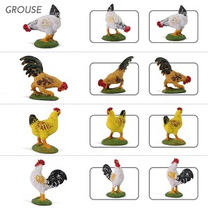 May include: A set of nine plastic toy figurines of different types of chickens. The figurines are in various poses, including standing, walking, and pecking. The chickens are painted in realistic colours, including white, brown, and yellow.