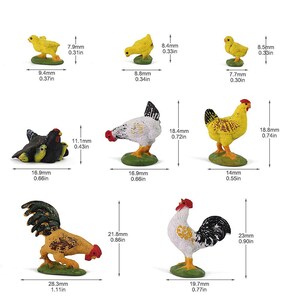 May include: Set of 7 miniature farm animal figurines, including a rooster, hen, chicks, and a black and white hen. The figurines are made of plastic and are painted in realistic colours. They are approximately 1-2 inches tall.
