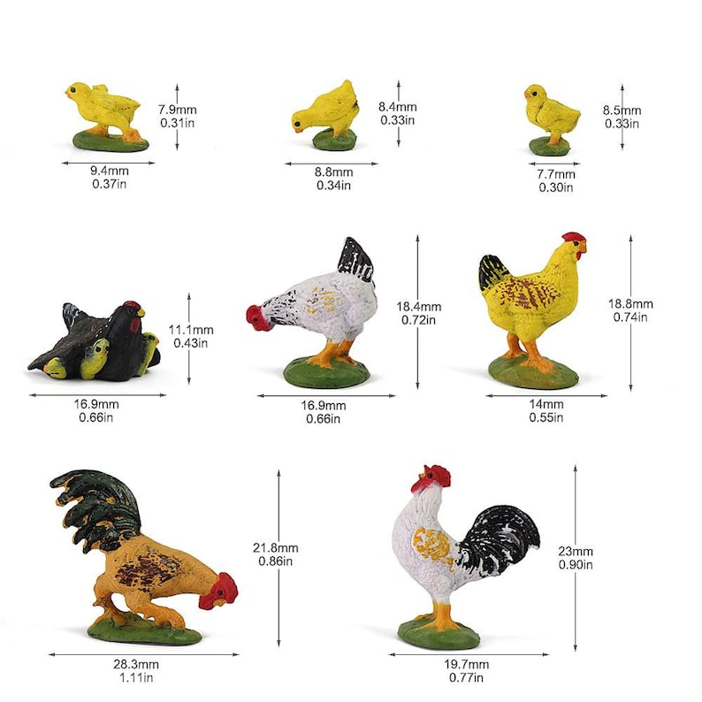 May include: Set of 7 miniature farm animal figurines, including a rooster, hen, chicks, and a black and white hen. The figurines are made of plastic and are painted in realistic colours. They are approximately 1-2 inches tall.