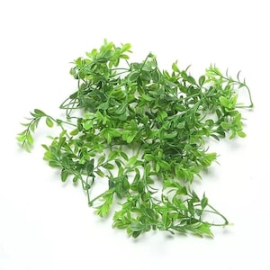 May include: A cluster of artificial green plant stems with small, detailed leaves. The stems are a vibrant green colour, and the leaves have a slightly darker shade, creating a realistic appearance. The plants are arranged against a white background.