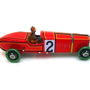 A-17 Red Vintage Race Car Number 3 Retro Clockwork Wind Up Tin Toy w/Box 